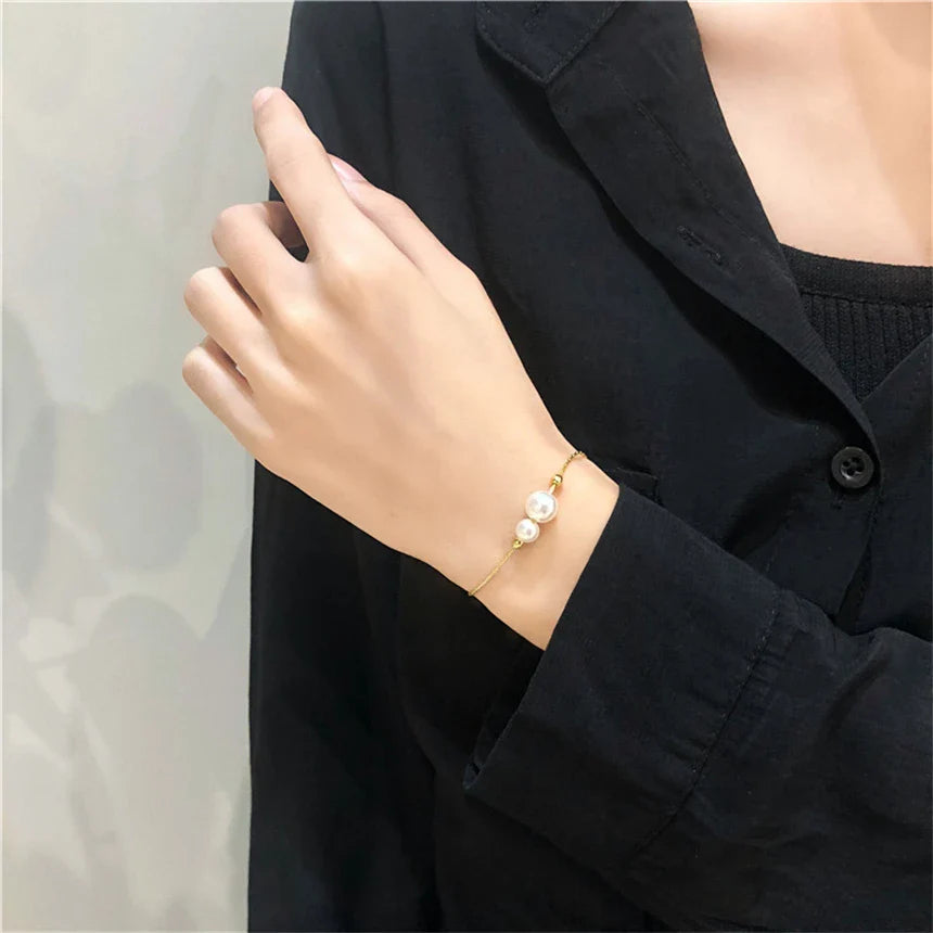 Pulseira de Ouro Feminina Ajustável Perolada