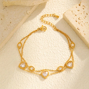 Pulseira luxuosa de zircônia oval em forma de coração para mulheres, pulseiras com pingente de camada dupla de aço inoxidável, presentes de joias da moda