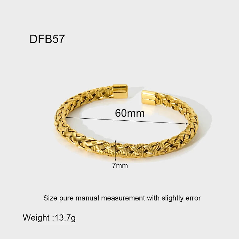 Tendência 16k banhado a ouro corda de aço inoxidável corrente manguito pulseira para mulheres à prova dwaterproof água textura torcida pulseira aberta presente