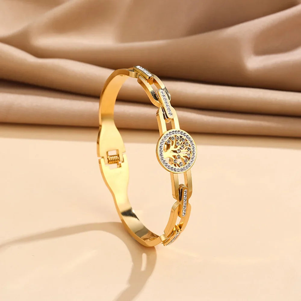 Pulseira luxuosa de aço inoxidável com árvore da vida, para mulheres e homens, zircônia cúbica dourada, sem desbotamento, cor da sorte, joias