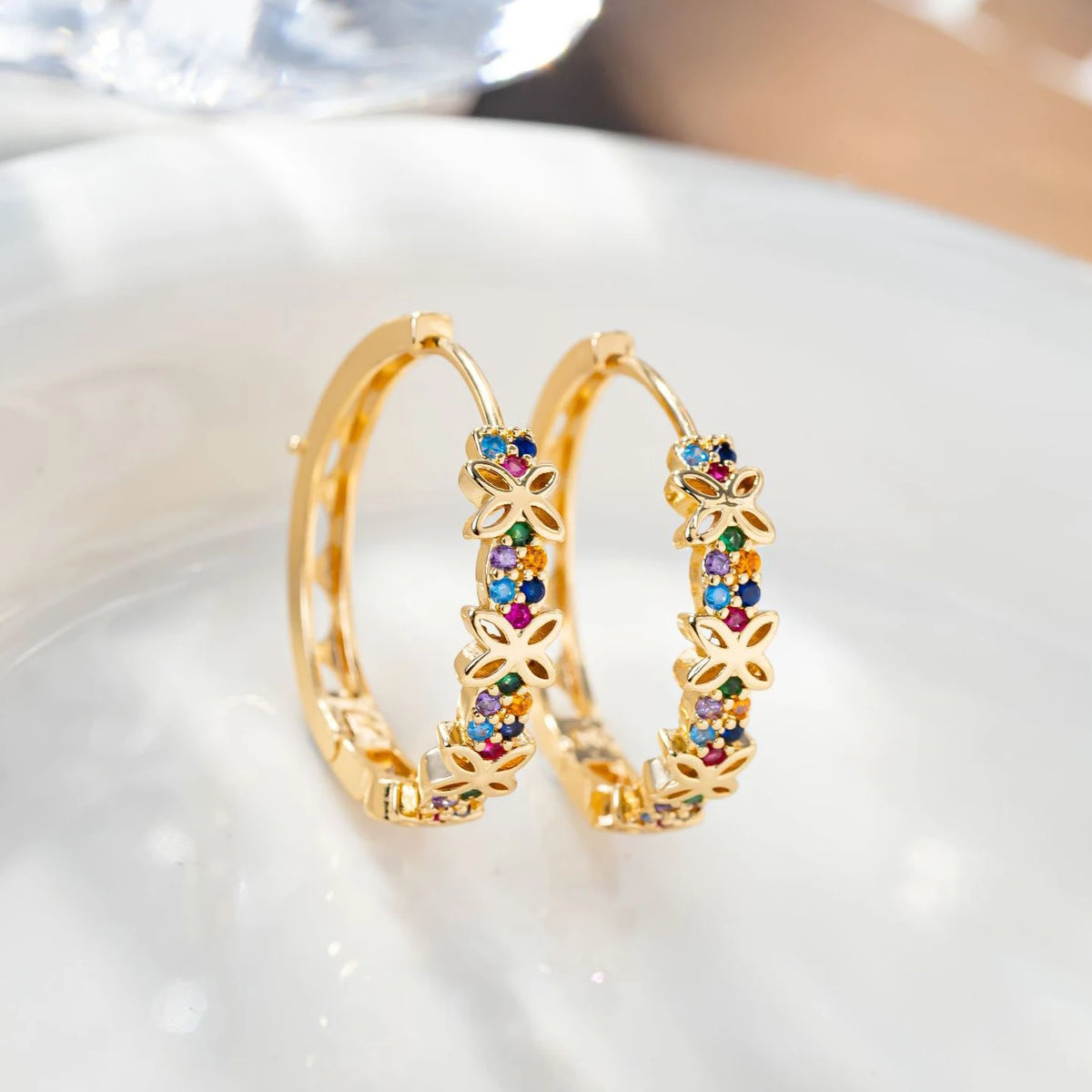Declaração feminina arco-íris flor zircão pedra hoop brincos luxo glod cor jóias de casamento para mulher