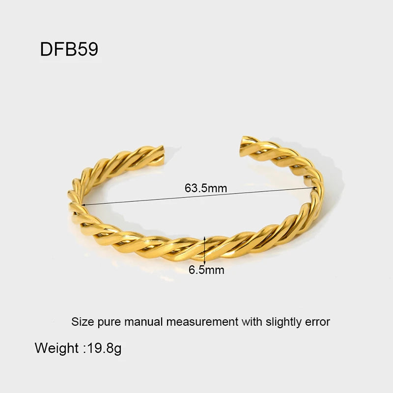 Tendência 16k banhado a ouro corda de aço inoxidável corrente manguito pulseira para mulheres à prova dwaterproof água textura torcida pulseira aberta presente