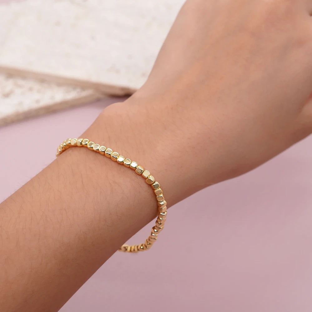Go2boho pulseiras quadradas de pedra de hematita, contas douradas, empilhamento elástico, feito à mão, moda unissex, joias havaianas na moda