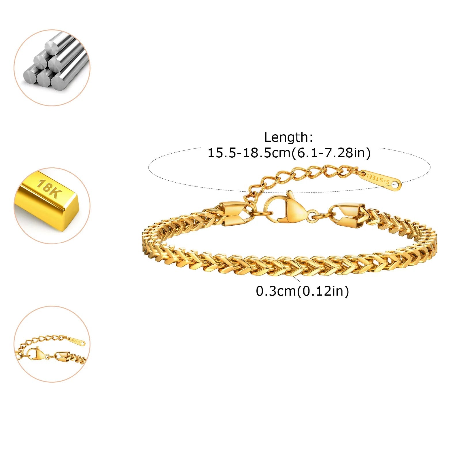 Vnox pulseira quadrada para mulheres meninas pulseira de ligação de corrente de aço inoxidável pulseira clássica joias tendência com corrente extensível de 3cm