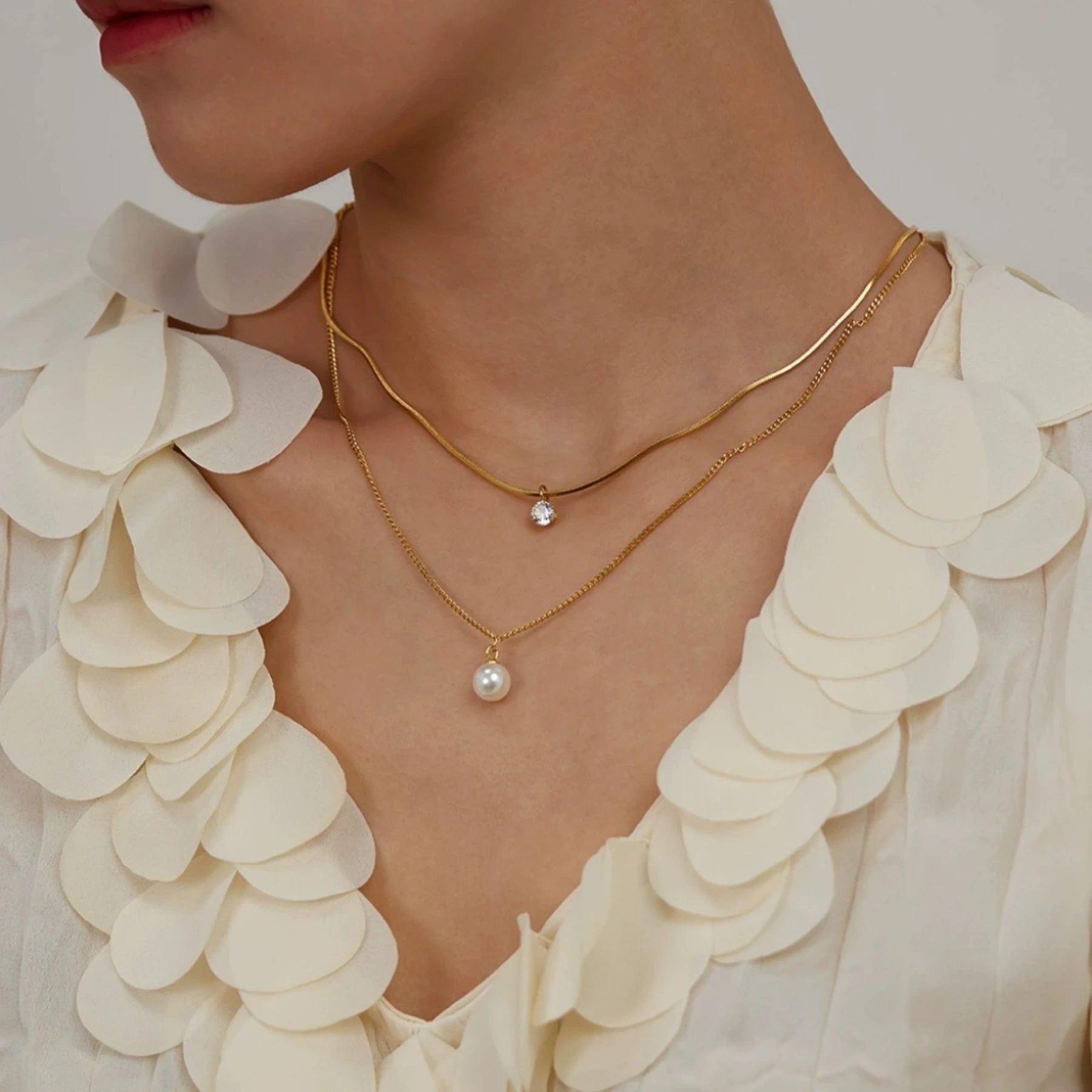 Ins moda colar feminino de aço inoxidável temperatura commuter estilo pérola zircão dupla camada clavícula corrente atacado