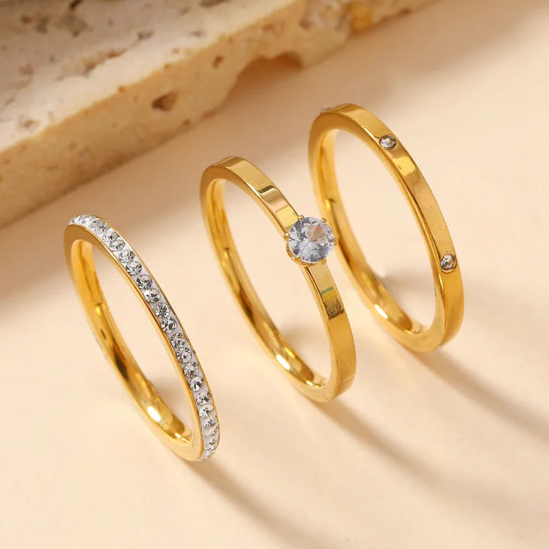 Anel de aço inoxidável de luxo para mulheres conjunto de três peças zircão clássico moda dedo acessório jóias presentes femininos