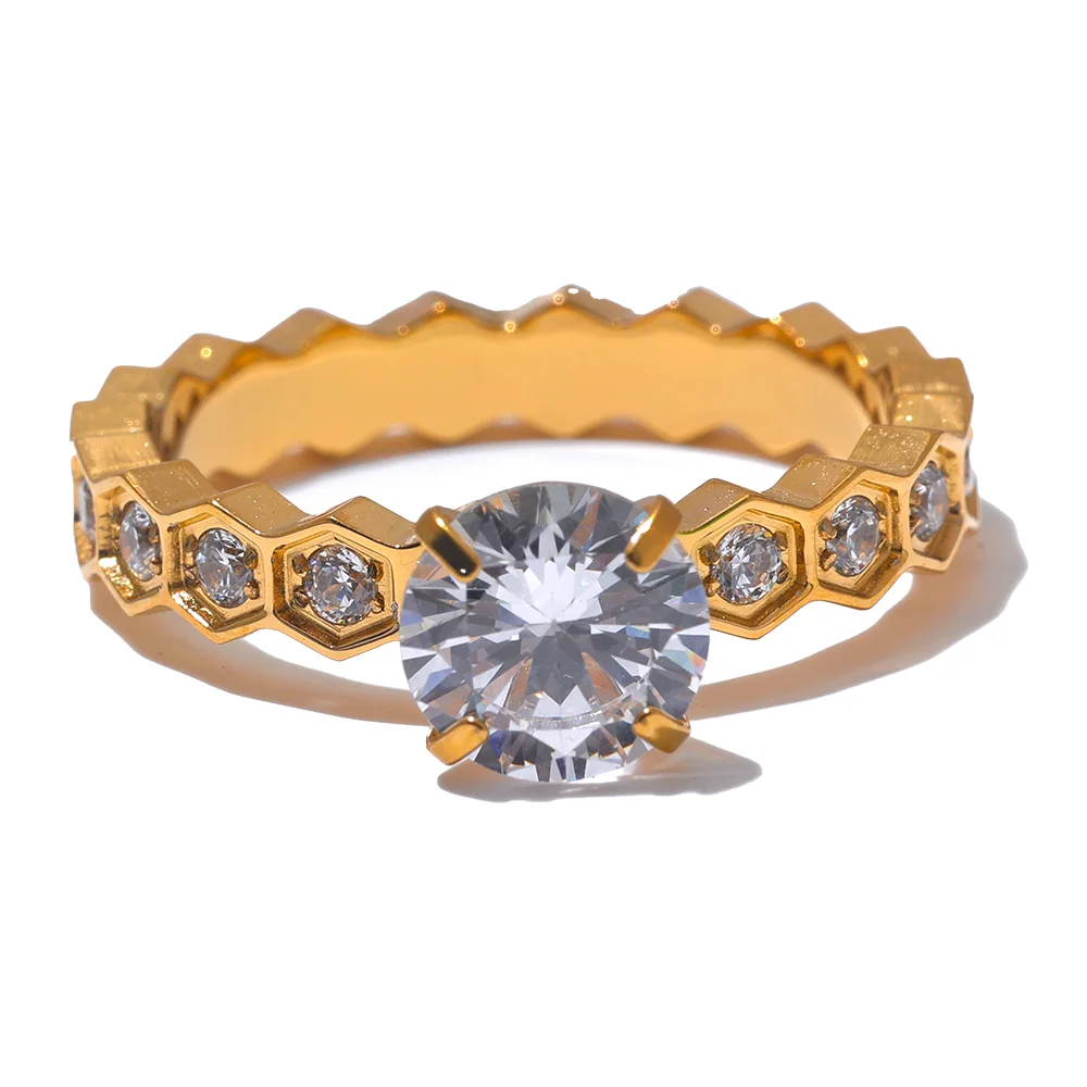Yhpup luxo aaa bling zircônia cúbica clássico anel 2024 aço inoxidável cz 18k ouro pvd banhado moda requintado jóias presente