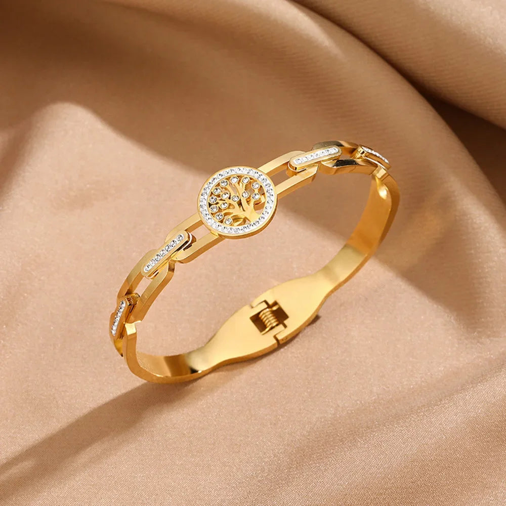 Pulseira luxuosa de aço inoxidável com árvore da vida, para mulheres e homens, zircônia cúbica dourada, sem desbotamento, cor da sorte, joias