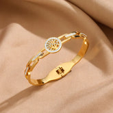 Pulseira luxuosa de aço inoxidável com árvore da vida, para mulheres e homens, zircônia cúbica dourada, sem desbotamento, cor da sorte, joias