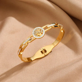 Pulseira luxuosa de aço inoxidável com árvore da vida, para mulheres e homens, zircônia cúbica dourada, sem desbotamento, cor da sorte, joias