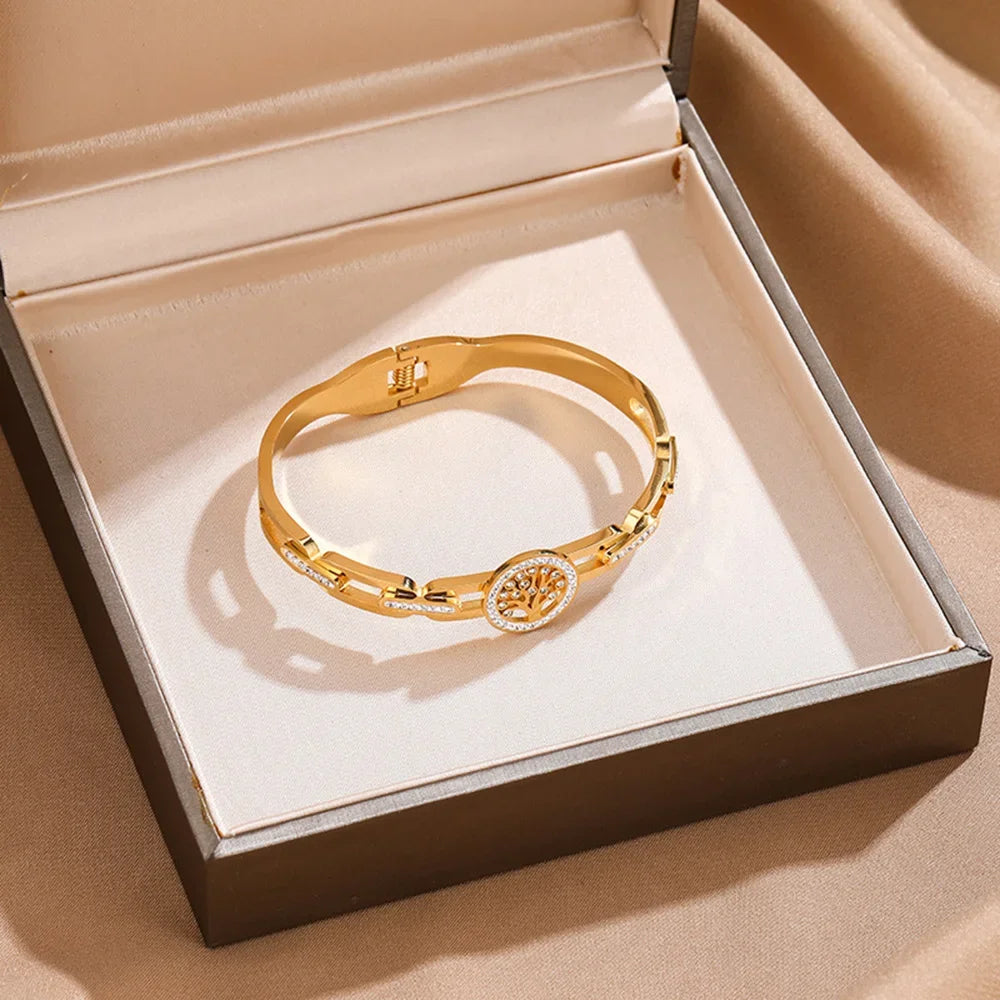 Pulseira luxuosa de aço inoxidável com árvore da vida, para mulheres e homens, zircônia cúbica dourada, sem desbotamento, cor da sorte, joias