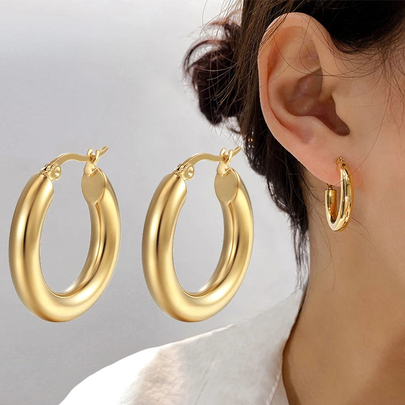 Moda clássica suave redondo hoop brincos para mulheres de aço inoxidável 5mm grosso orelha fivela huggie brincos círculo jóias vintage