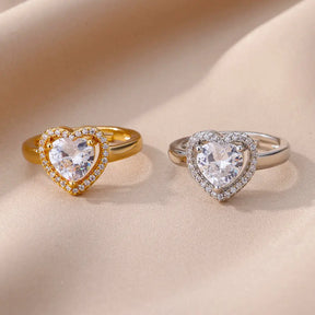 Anéis de coração de aço inoxidável para mulheres zircão banhado a ouro coração anel ajustável femme acessórios de festa de casamento jóias presente 2023