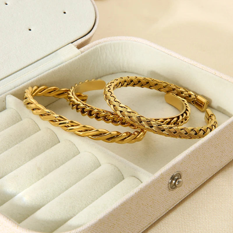 Tendência 16k banhado a ouro corda de aço inoxidável corrente manguito pulseira para mulheres à prova dwaterproof água textura torcida pulseira aberta presente