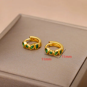 Mini brincos de argola pequenos de zircônia verde para mulheres, brincos de aço inoxidável banhados a ouro, joias estéticas, presente de casamento