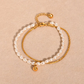 Pulseira empilhada de camada dupla, corrente de gypsophila de aço inoxidável, imitação de bola de pérola, pulseiras para mulheres, joias de cor dourada