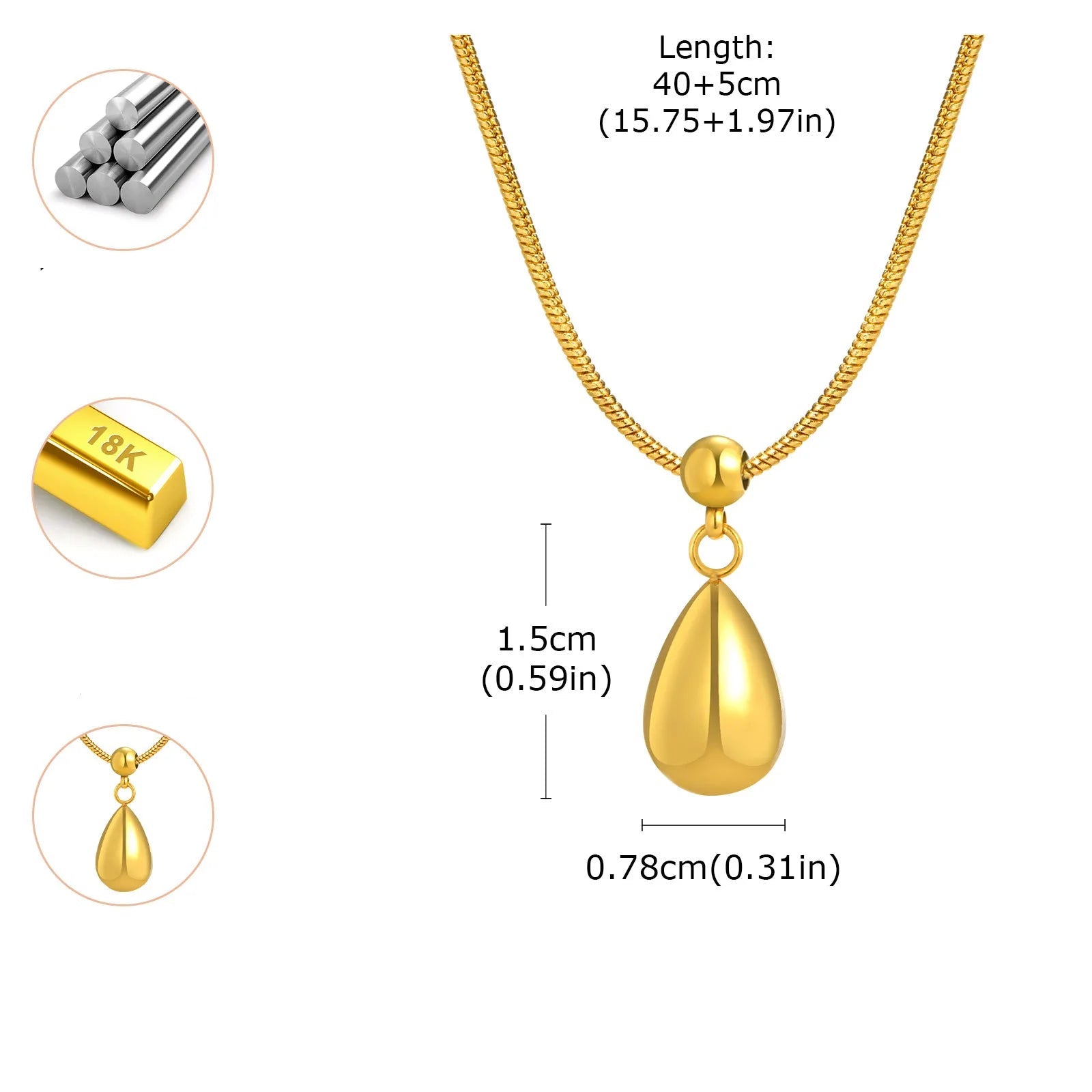 Colar com pingente de gota de água deslizante para mulheres, colares com pingente de lágrima à prova d'água, joias de aço inoxidável banhado a ouro