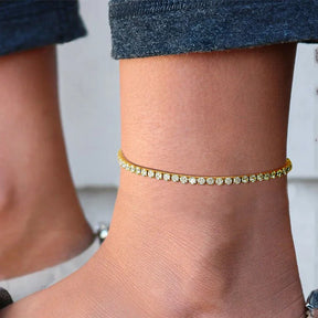 Tornozeleiras de corrente de tênis da moda Bling 3mm para mulheres, cor dourada de aço inoxidável elo ajustável praia férias joias para pés