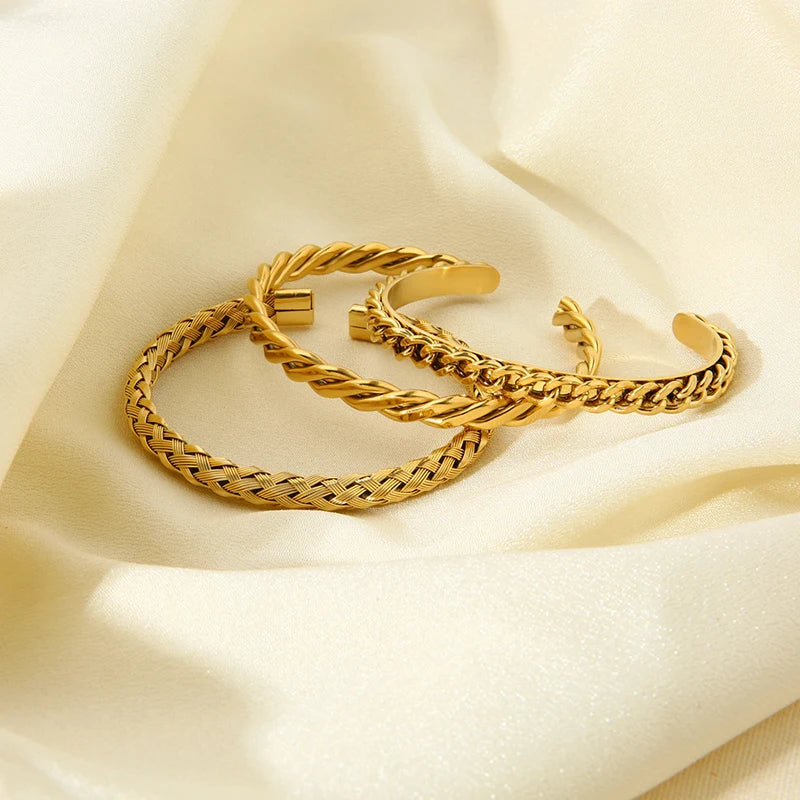 Tendência 16k banhado a ouro corda de aço inoxidável corrente manguito pulseira para mulheres à prova dwaterproof água textura torcida pulseira aberta presente