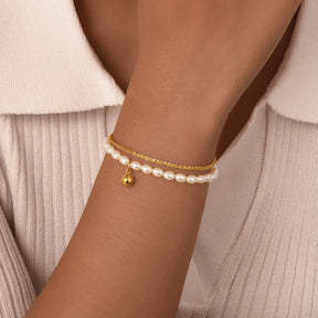 Pulseira empilhada de camada dupla, corrente de gypsophila de aço inoxidável, imitação de bola de pérola, pulseiras para mulheres, joias de cor dourada