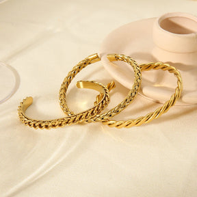 Tendência 16k banhado a ouro corda de aço inoxidável corrente manguito pulseira para mulheres à prova dwaterproof água textura torcida pulseira aberta presente