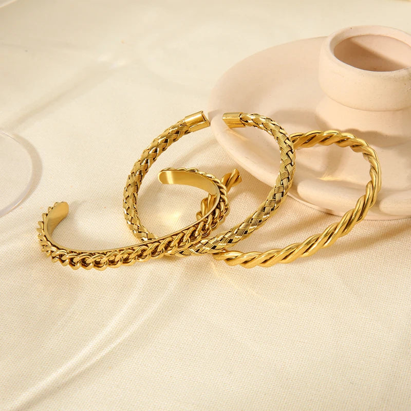 Tendência 16k banhado a ouro corda de aço inoxidável corrente manguito pulseira para mulheres à prova dwaterproof água textura torcida pulseira aberta presente