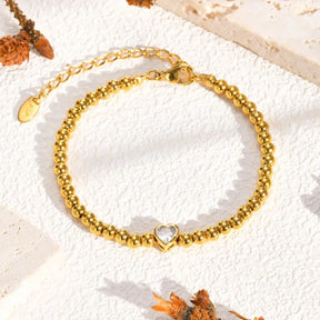 2025 chique zircão em forma de coração pulseira para mulher, aço inoxidável banhado a ouro bola frisada pulseira, presente de jóias de luxo