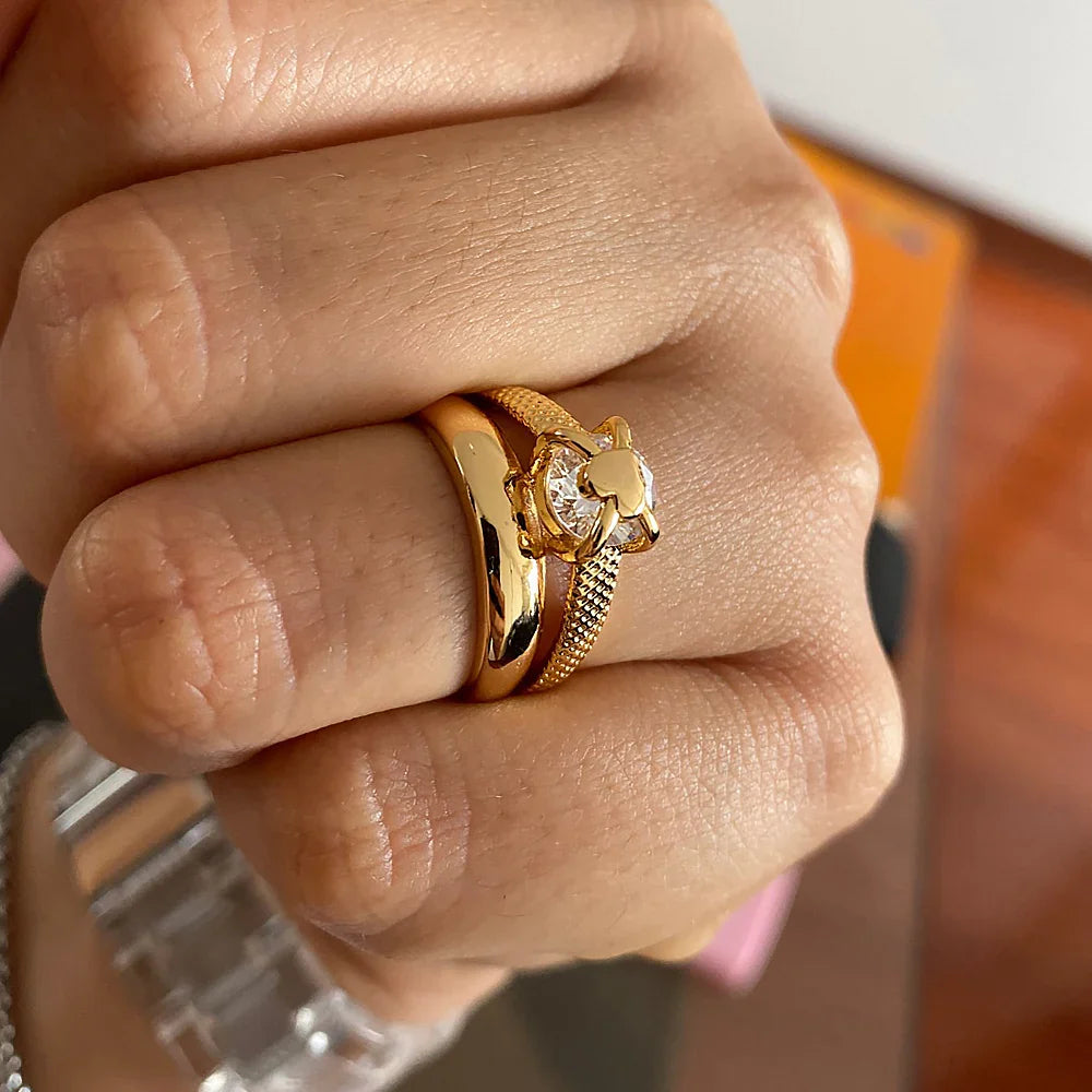 Anel Feminino Ajustável Duplo com Zircônia