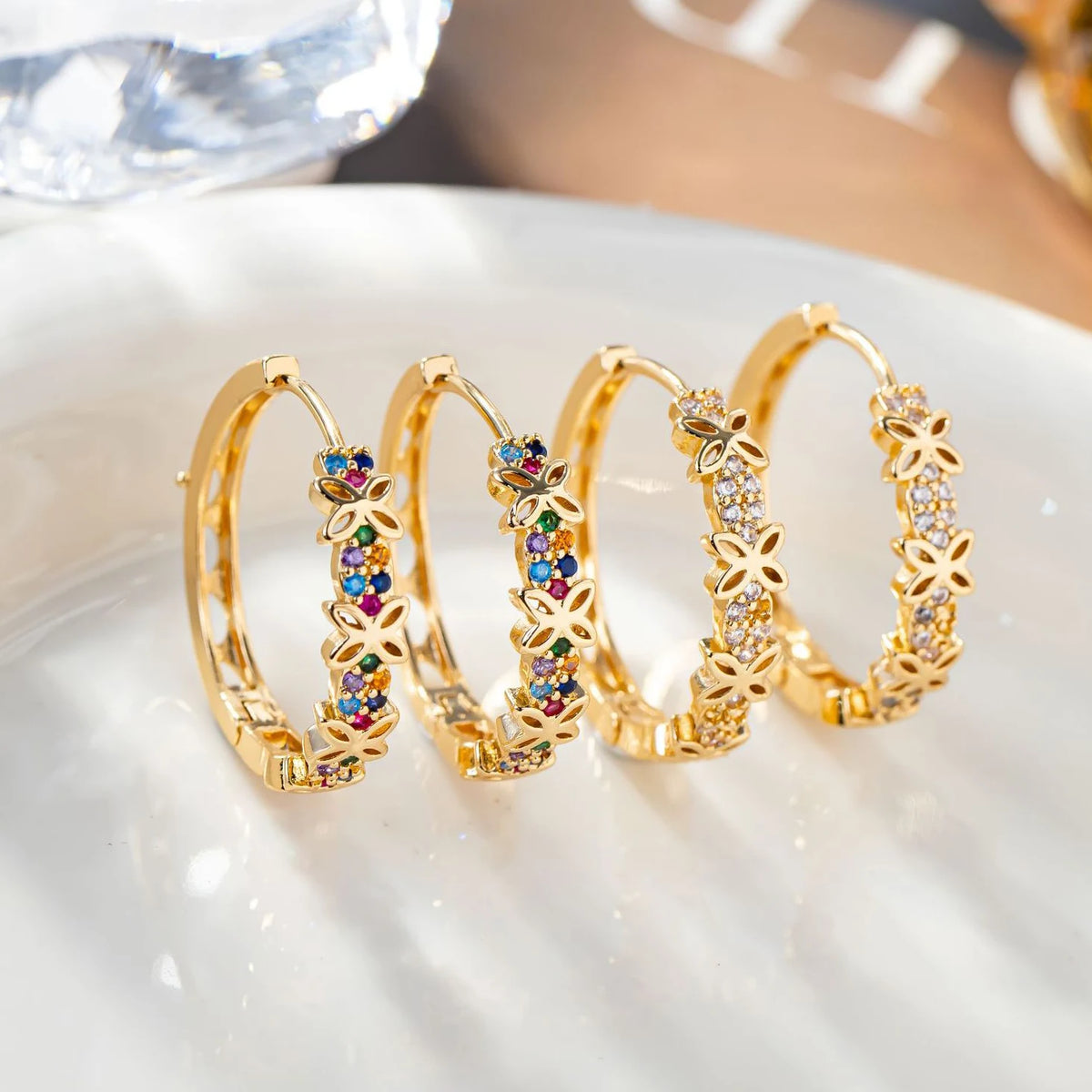 Declaração feminina arco-íris flor zircão pedra hoop brincos luxo glod cor jóias de casamento para mulher