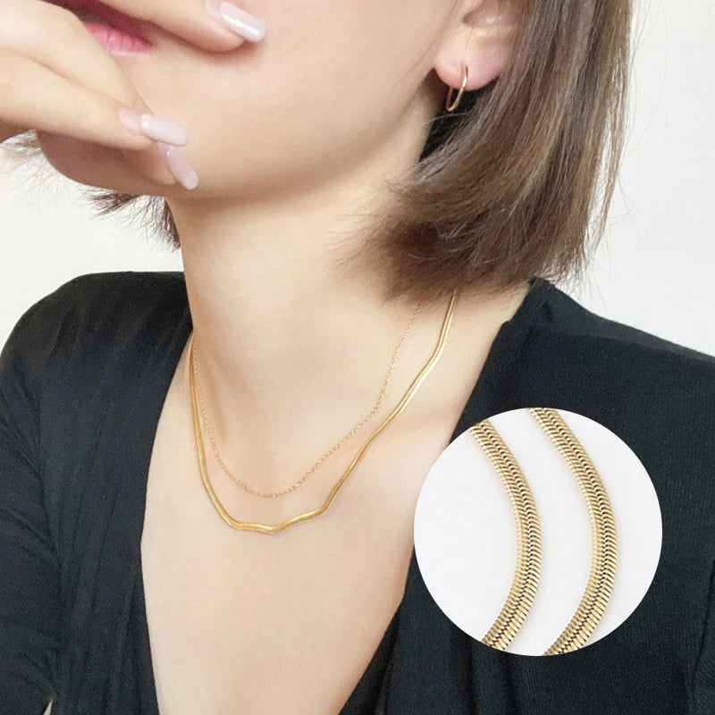 Aço inoxidável Herringbone Gold Color Snake Chain Necklace para Mulheres, Gargantilha Unisex, Jóias Presente, Moda