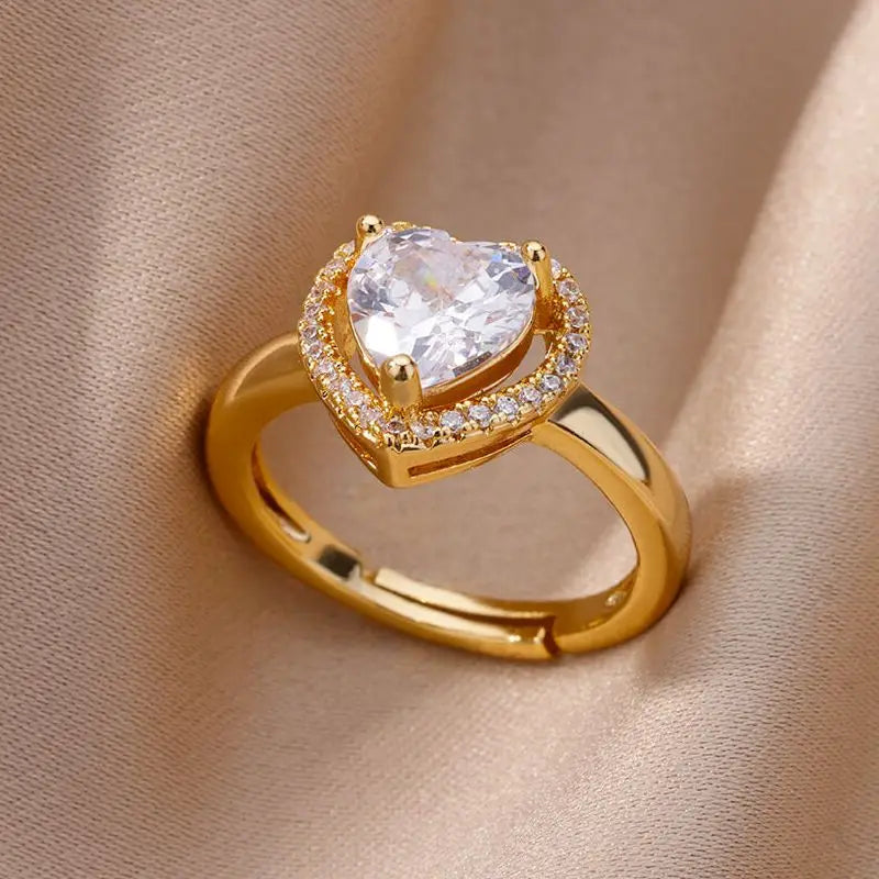 Anéis de coração de aço inoxidável para mulheres zircão banhado a ouro coração anel ajustável femme acessórios de festa de casamento jóias presente 2023