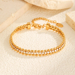 Pulseira de zircônia branca de contas de azeitona de fileira dupla de aço inoxidável para mulheres, pulseiras de corrente de tênis de cor dourada, joias clássicas presentes