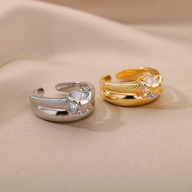 Anel Feminino Ajustável Duplo com Zircônia