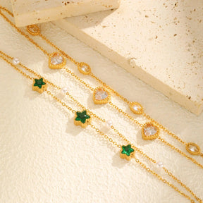 Pulseira luxuosa de zircônia oval em forma de coração para mulheres, pulseiras com pingente de camada dupla de aço inoxidável, presentes de joias da moda