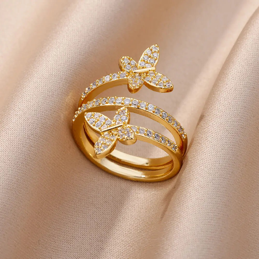 Anel Feminino Ajustável Borboleta com Zircônia