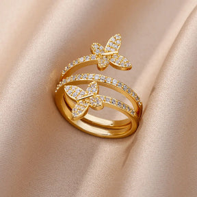 Anel Feminino Ajustável Borboleta com Zircônia