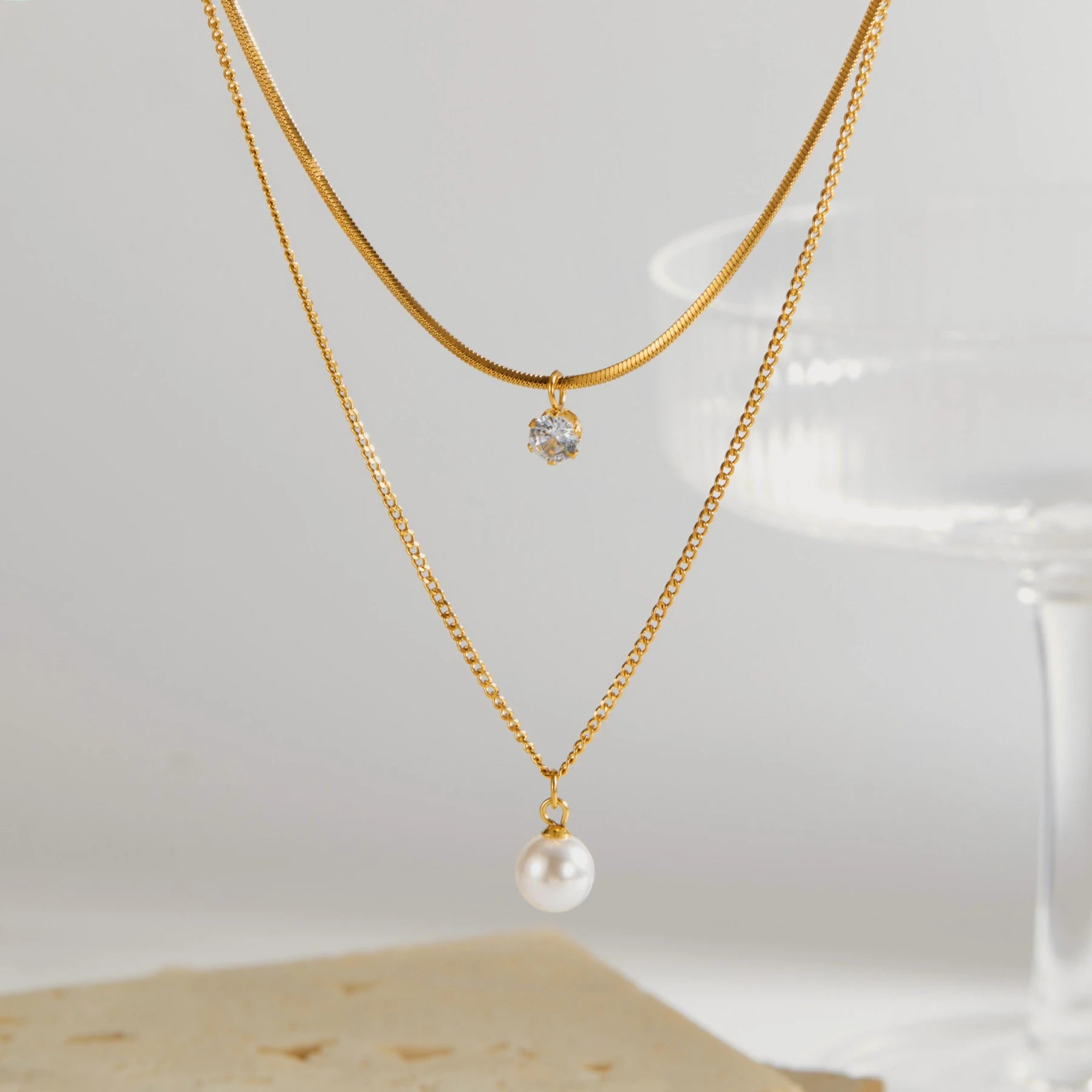 Ins moda colar feminino de aço inoxidável temperatura commuter estilo pérola zircão dupla camada clavícula corrente atacado