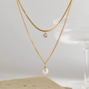 Ins moda colar feminino de aço inoxidável temperatura commuter estilo pérola zircão dupla camada clavícula corrente atacado