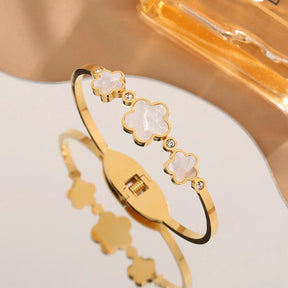 Watty pulseira de aço inoxidável com concha simples e flor de cinco folhas, joias de trevo de pulso da moda, presentes amigáveis