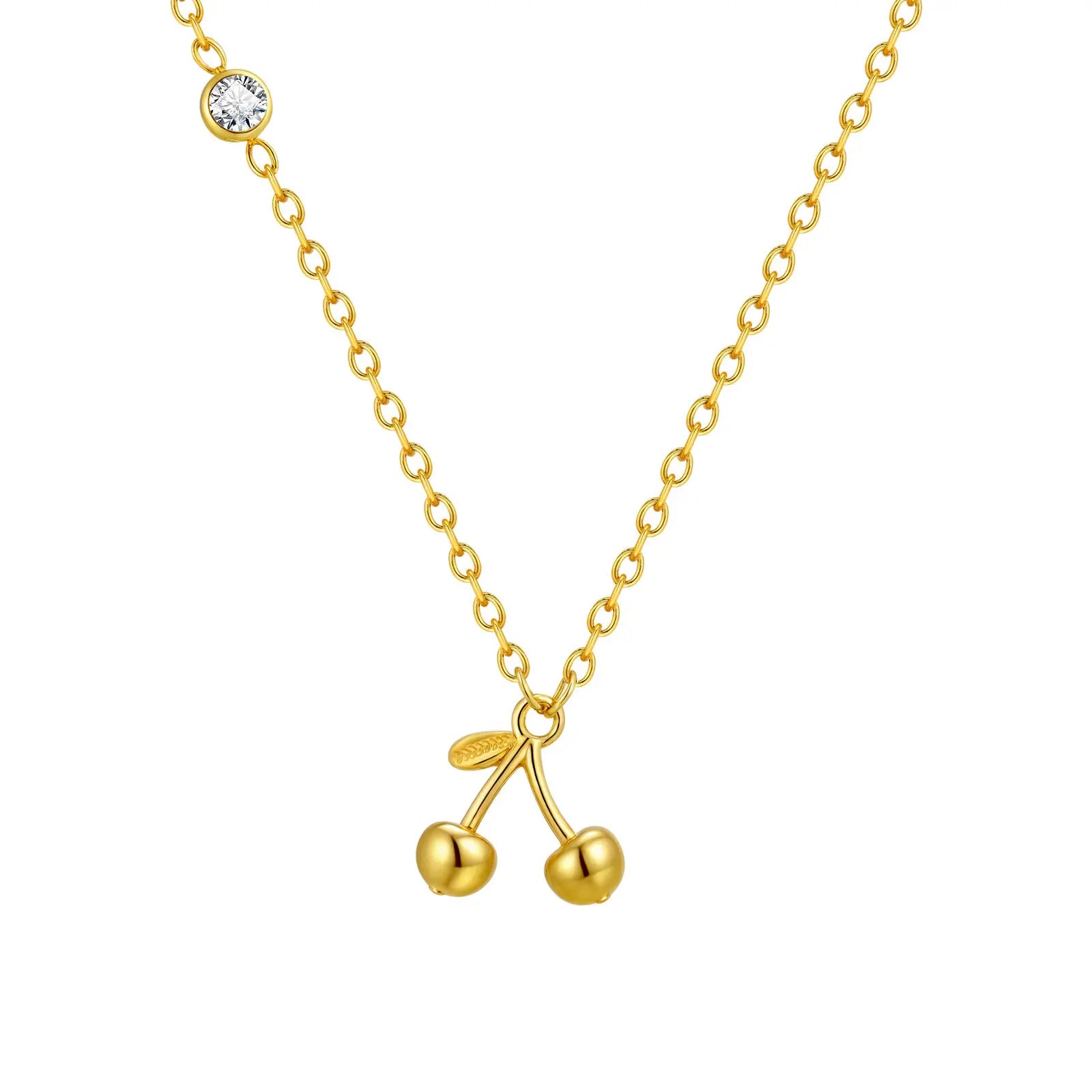 Colar com pingente de cereja de zircônia lateral, gargantilha de corrente fina de aço inoxidável, joias femininas banhadas a ouro